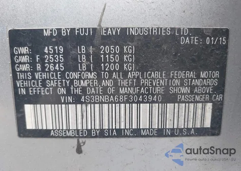 2015 Subaru Legacy 2.5I z USA, uszkodzony, nr VIN 4S3BNBA68F3043940